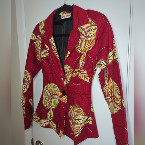 Grass Fields Blazer Jacket Size S Red And Yellow Ankara Fabric - Picture 6 of 16
